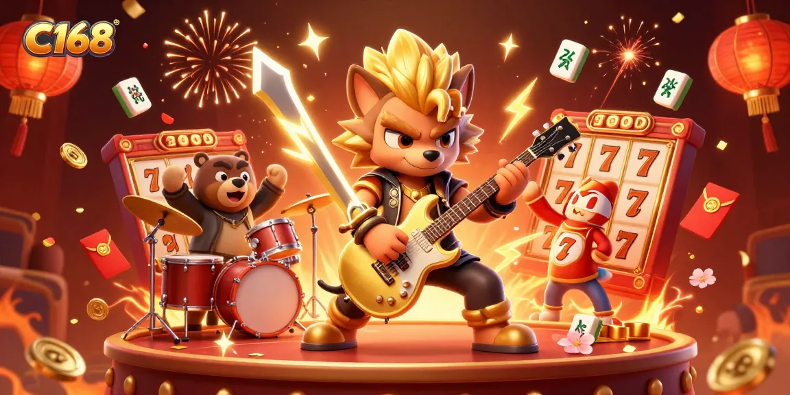 C168 showcases an electrifying casino experience with a rock star wolf and drummer bear surrounded by vibrant gaming elements.