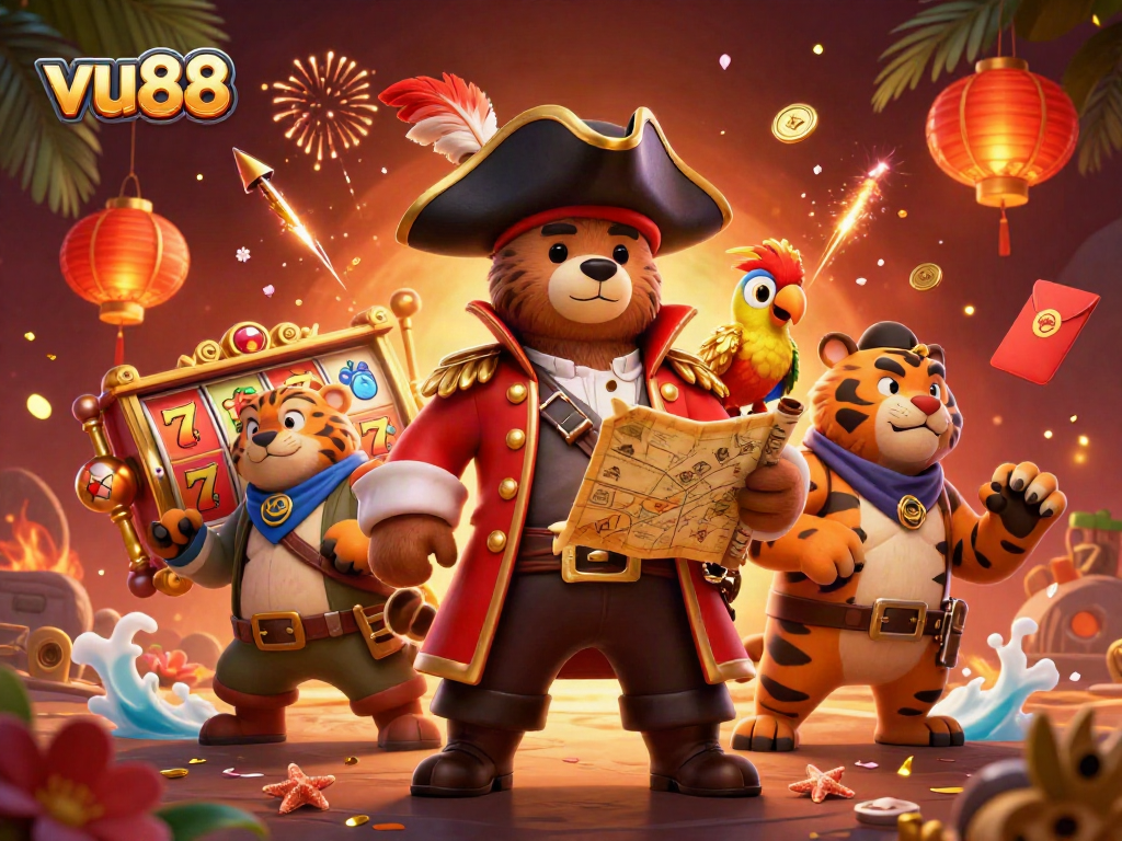 Experience thrilling slot adventures with vu88, featuring vibrant characters and exciting casino elements.