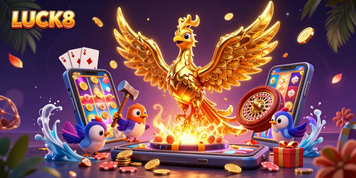 LUCK8 captures thrilling moments with a molten gold phoenix and casino gaming elements.