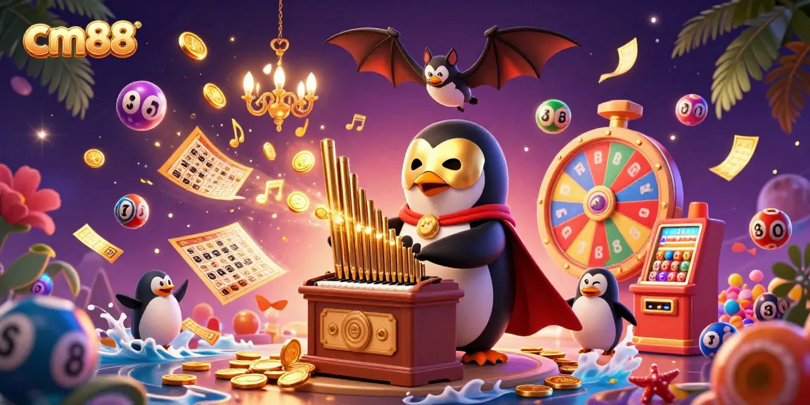 Experience exciting gameplay at cm88 with a whimsical 3D scene of a penguin organist amid golden coins and lottery elements.