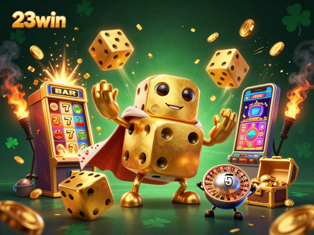 Engage in thrilling gameplay with 23win's vibrant casino experience featuring golden dice and slot machines.