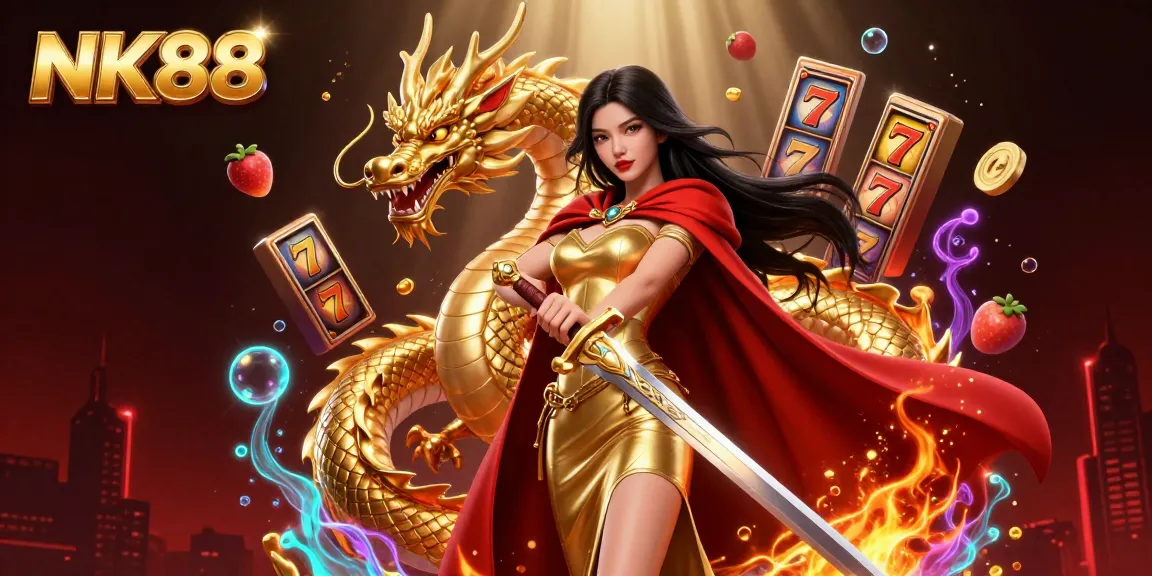 Experience thrilling wins with NK88's vibrant 3D casino illustration featuring dynamic slot elements.
