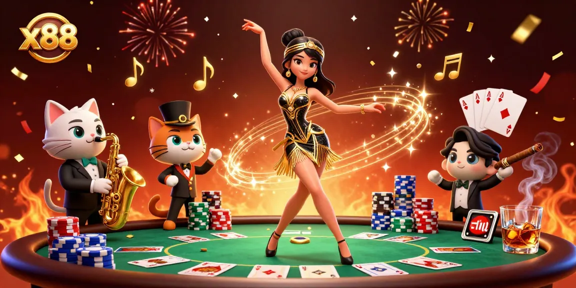 Experience the excitement of x88 as a dazzling woman dances amidst cascading poker chips and vibrant confetti.