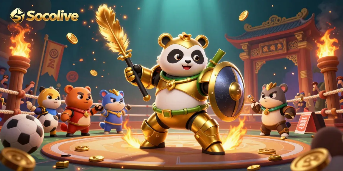 Socolive sports betting scene with a mech-suit panda, dynamic sports elements, and vibrant atmosphere.