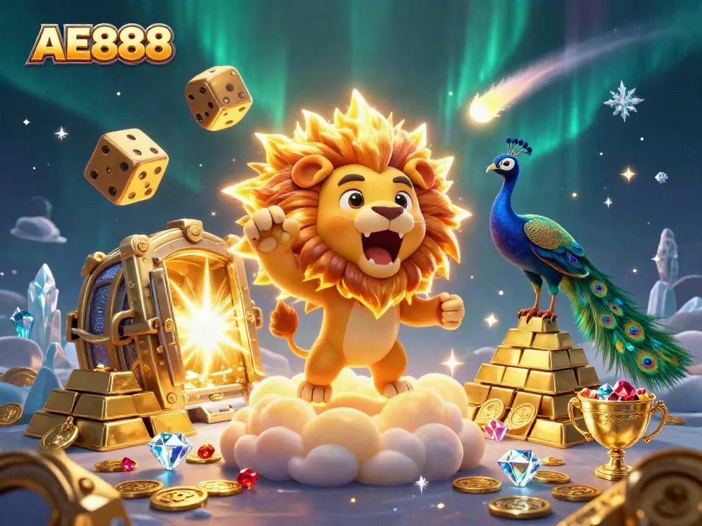 Experience the thrill of AE888 with a vibrant 3D illustration showcasing gaming treasures and lively characters.
