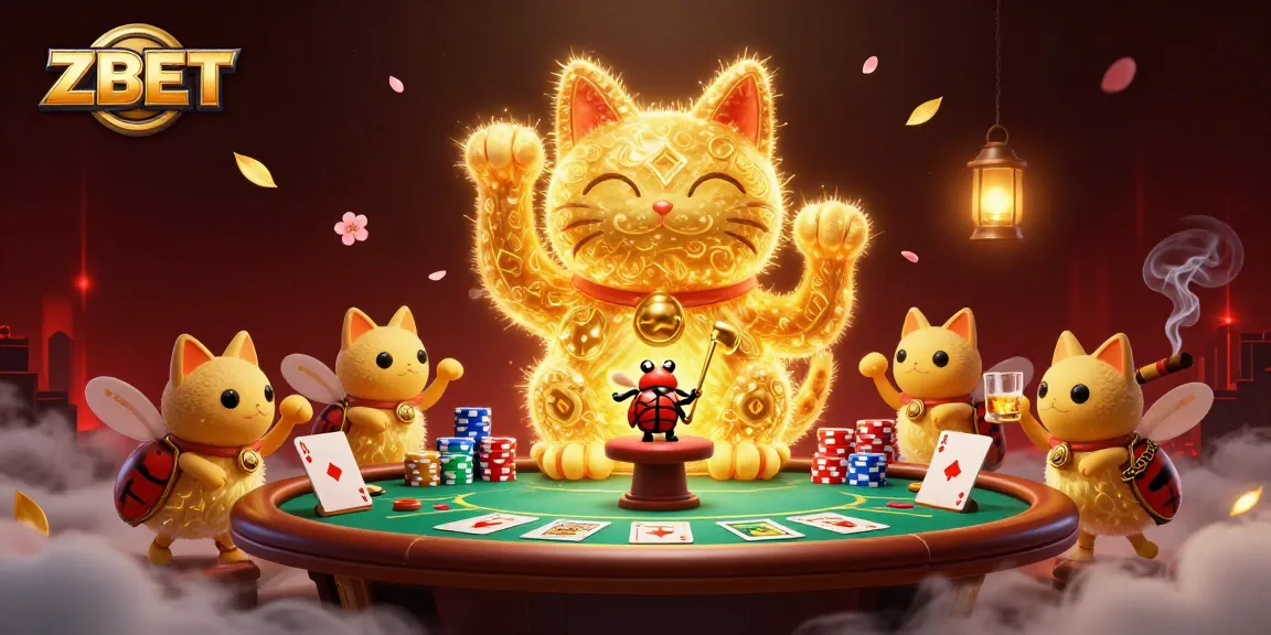 ZBET captivates with a vibrant 3D illustration of a lucky cat and poker elements igniting excitement in gambling.