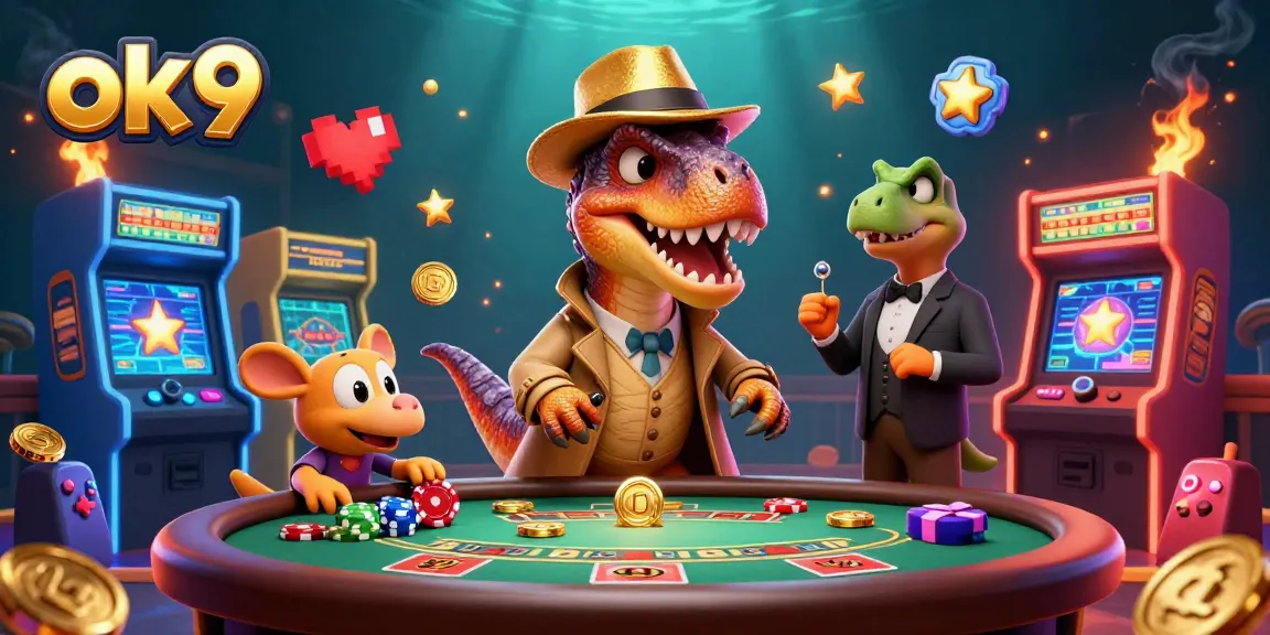 ok9 showcases a vibrant casino scene with a cartoon velociraptor engaged in blackjack, capturing the thrill of gambling.