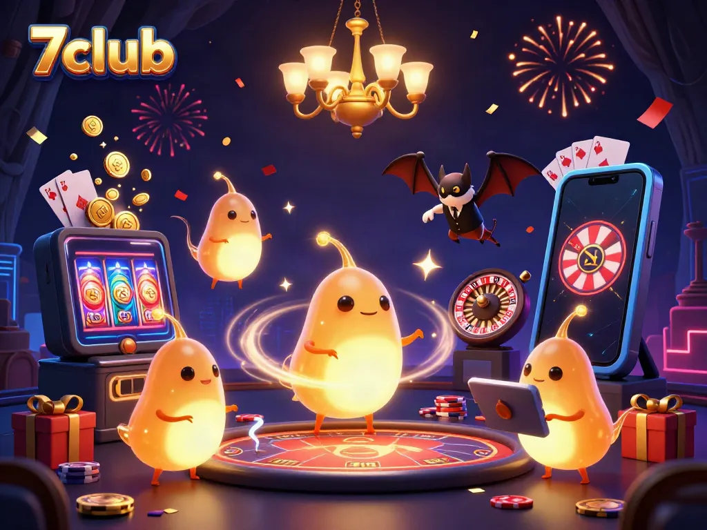 Experience the excitement of 7club with animated glowworms lighting a vibrant casino scene.