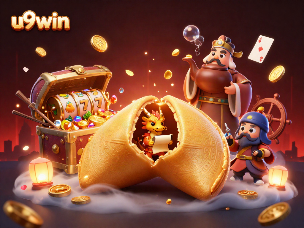 Win big with u9win in a dynamic casino scene featuring fortune cookie, dragon, and gold elements.