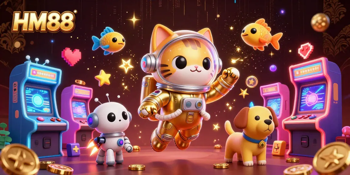 Experience HM88's thrilling gaming adventure with a cosmic cat and robot dog in a vibrant casino universe.