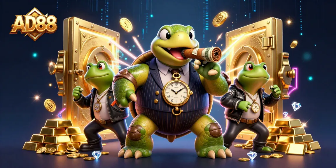 Engaging AD88 casino scene with a snapping turtle and bullfrogs amidst sparkling treasures and neon lights.