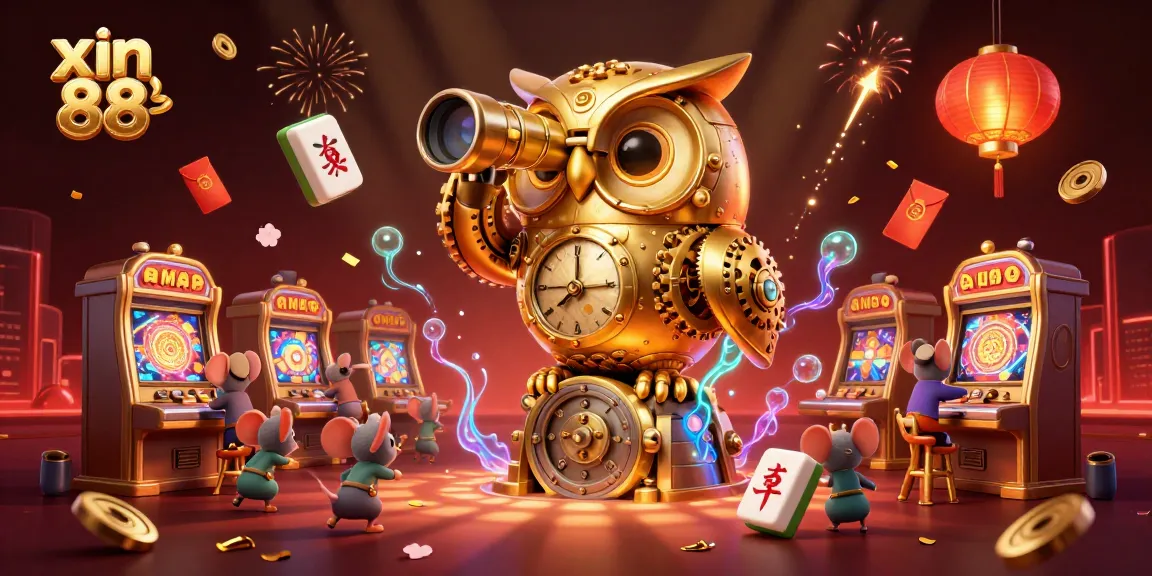 Engage with xin 88, watching a golden owl scanning the casino, as tiny patrons enjoy various games.
