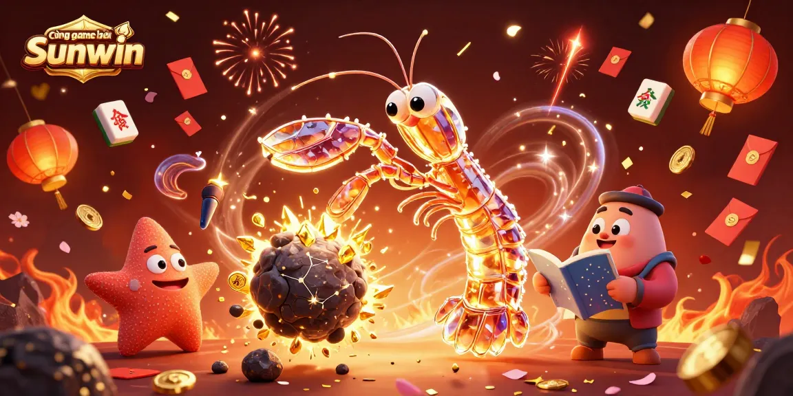 Cổng game bài đổi thưởng Sunwin showcases a dynamic 3D scene with a galactic samurai shrimp and vibrant casino elements.