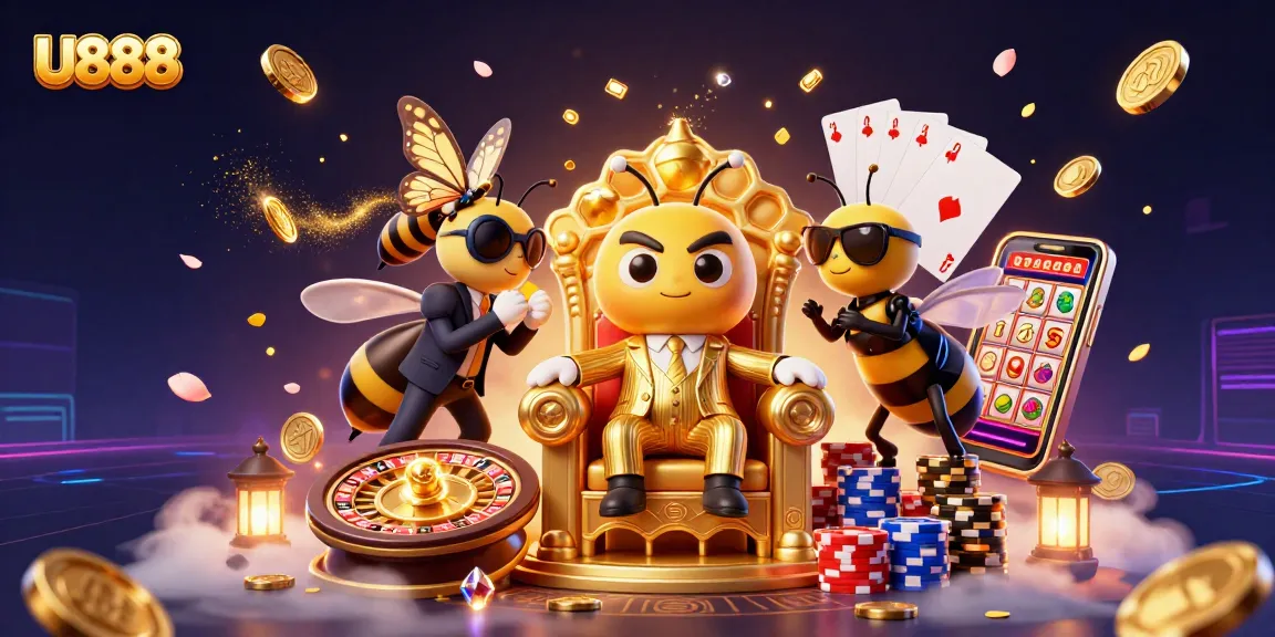 Join the excitement at U888 with a vibrant casino scene featuring dynamic games and sparkling elements.