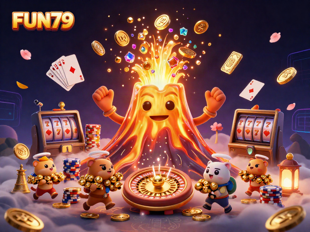 Experience adventure and winnings at FUN79 with a golden volcano erupting treasures in a vibrant casino scene.