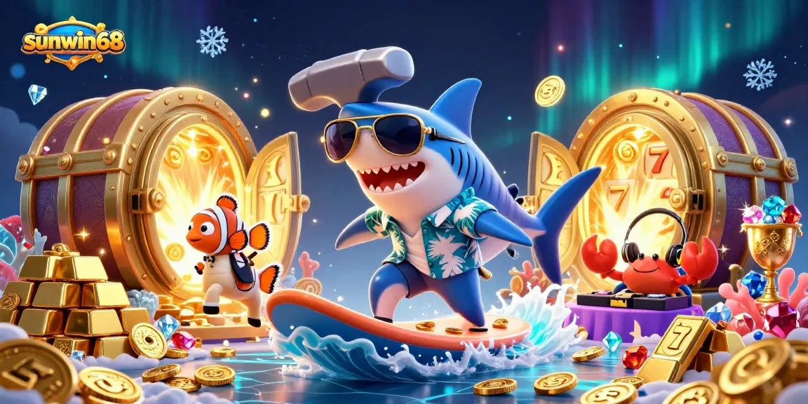 Experience exciting gameplay with sunwin68's vibrant casino scene featuring a shark and treasure.