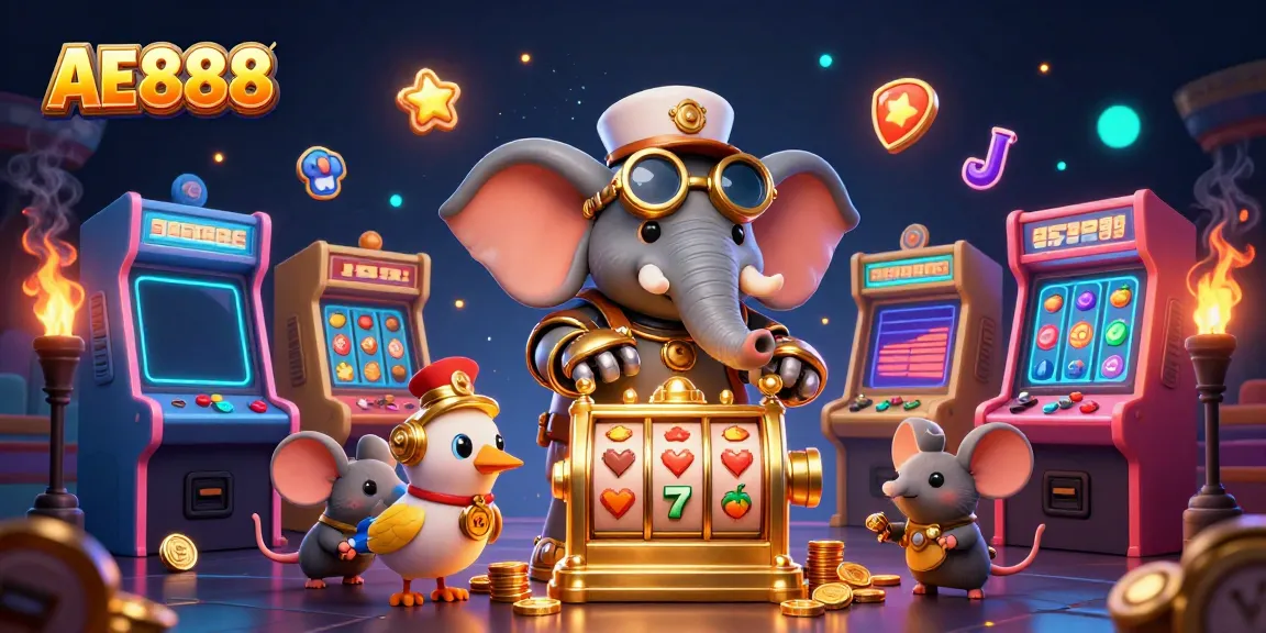 Engage with the AE888 steampunk-themed casino experience featuring charming characters and vibrant slot machines.