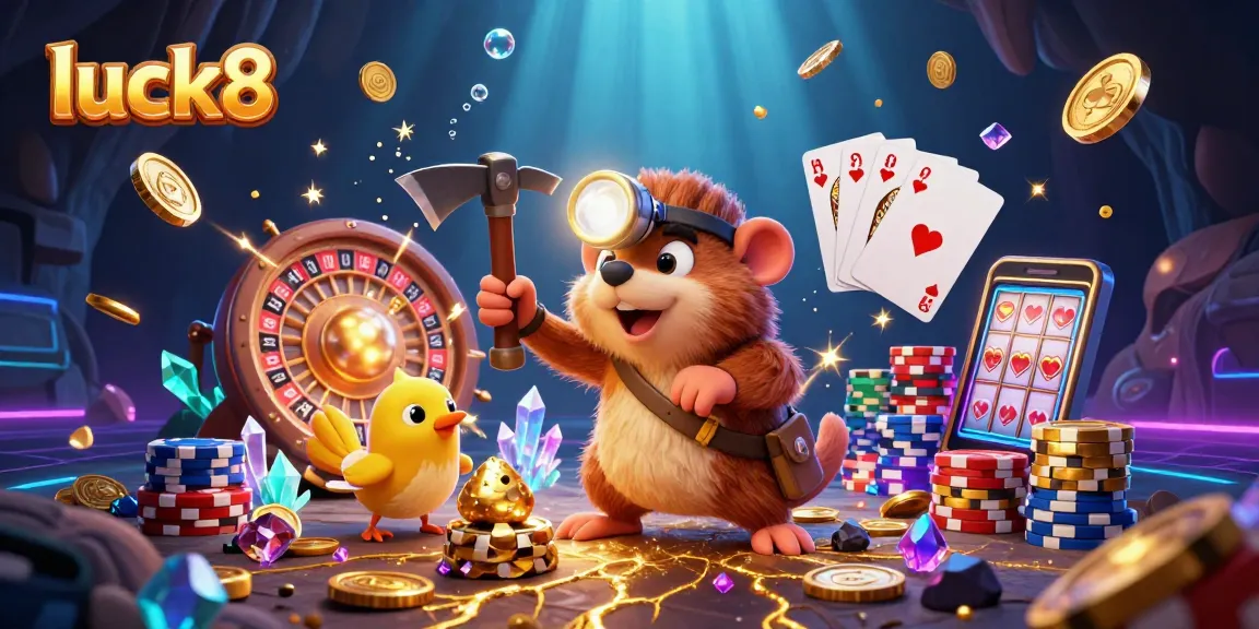 Experience the luck8 adventure with a treasure hunter mole and canary amid exciting casino elements.