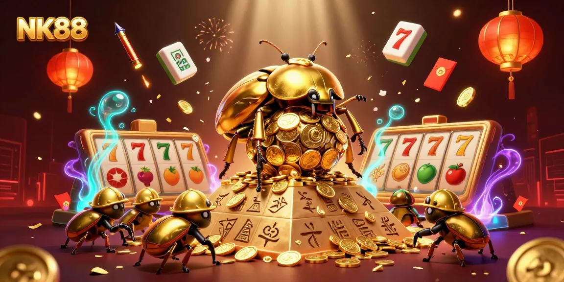 NK88 offers an exciting gaming experience with golden beetles and slots in a vibrant casino scene.