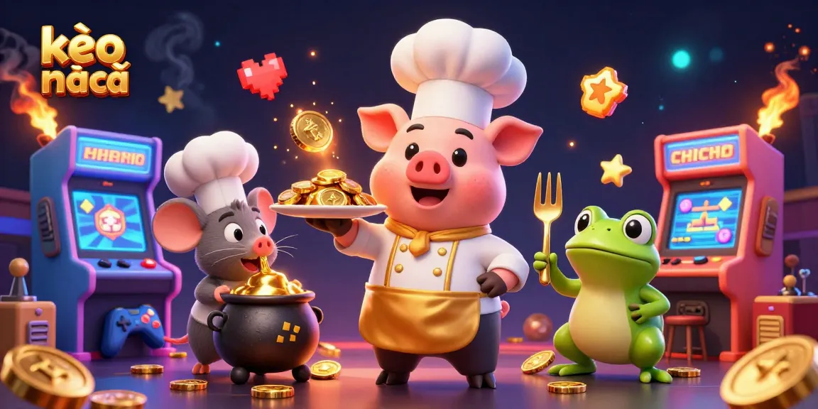 Kèo nhà cái showcases a 3D cartoon chef pig serving gold coins amidst casino games, highlighting vibrant gambling action.