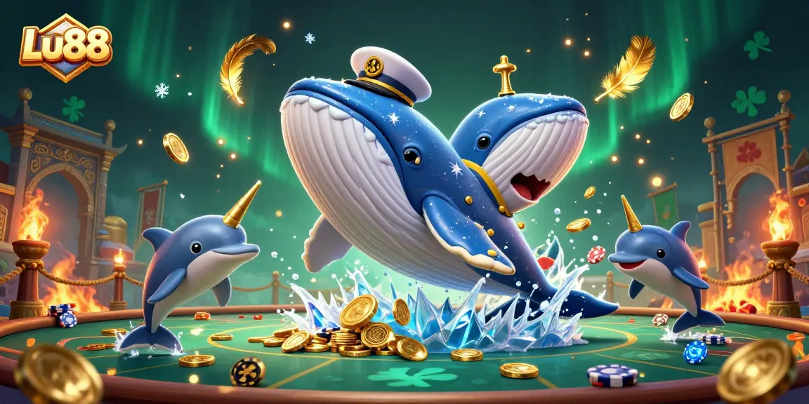 Win big with Lu88 in a vibrant casino scene featuring an epic whale and playful dolphins.