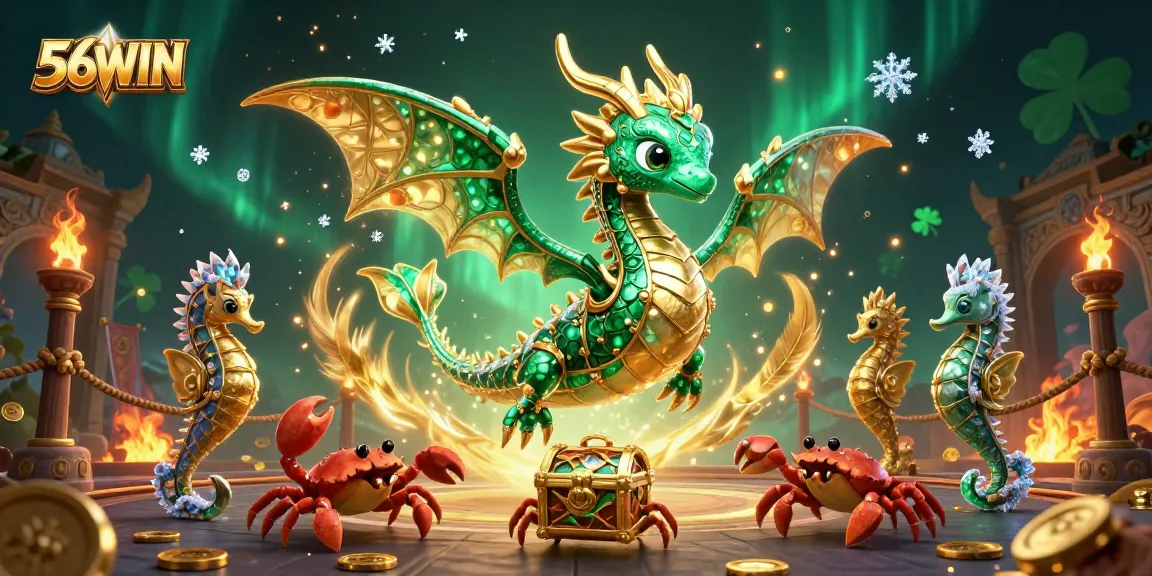 Experience thrilling gameplay at 56WIN with an emerald sea dragon and vibrant casino elements.