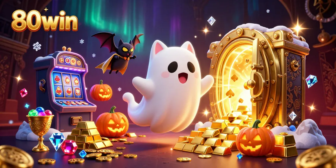Enjoy thrilling wins at 80win with a lively ghost cat and bat in a vibrant casino scene.