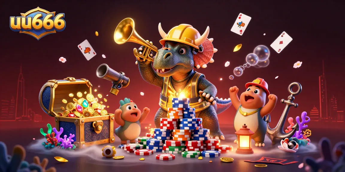 Experience the excitement of uu666 with a triceratops building poker chip towers amidst a vibrant casino
