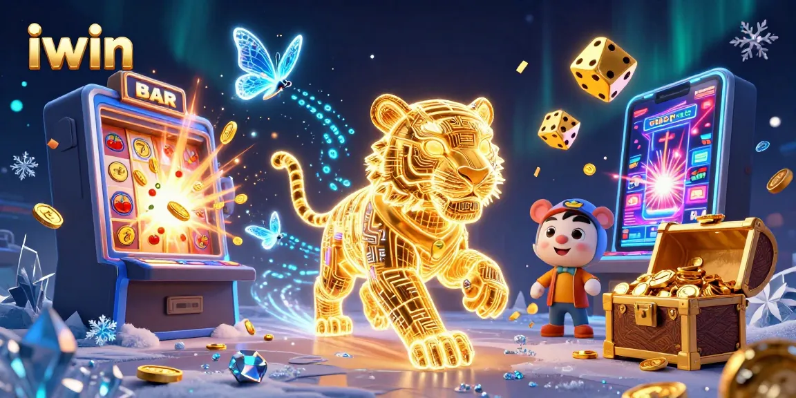 Experience iwin with this vibrant casino scene featuring a neon tiger and slot machines.