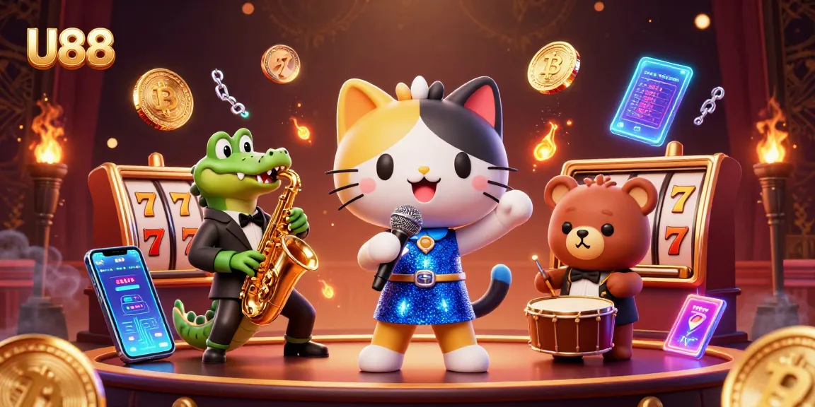 Experience thrilling gameplay at U88 with lively 3D cartoon characters celebrating at a casino stage.