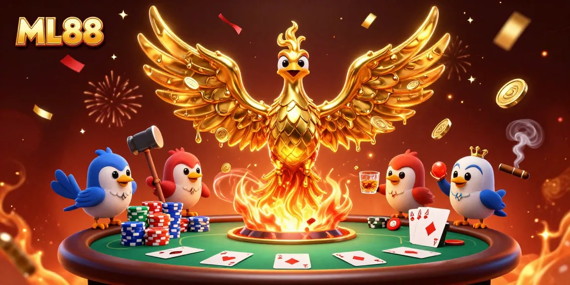 Engage with ML88's vibrant casino atmosphere, featuring a molten phoenix amid a dynamic poker scene.