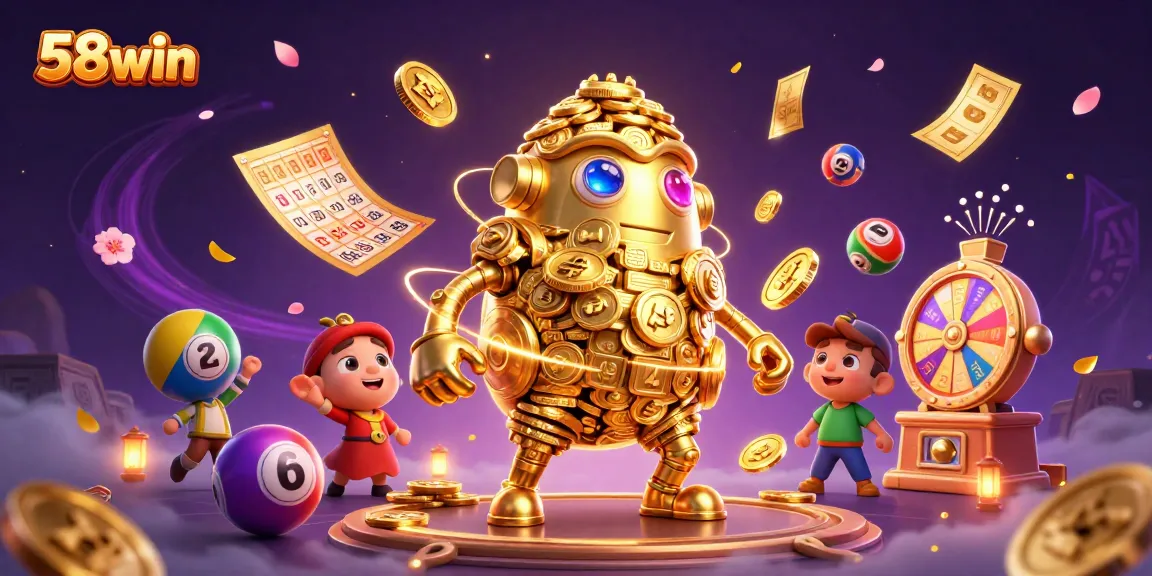 Engage with 58win's vibrant dynamic gaming experience featuring an animated golden golem and lottery elements.