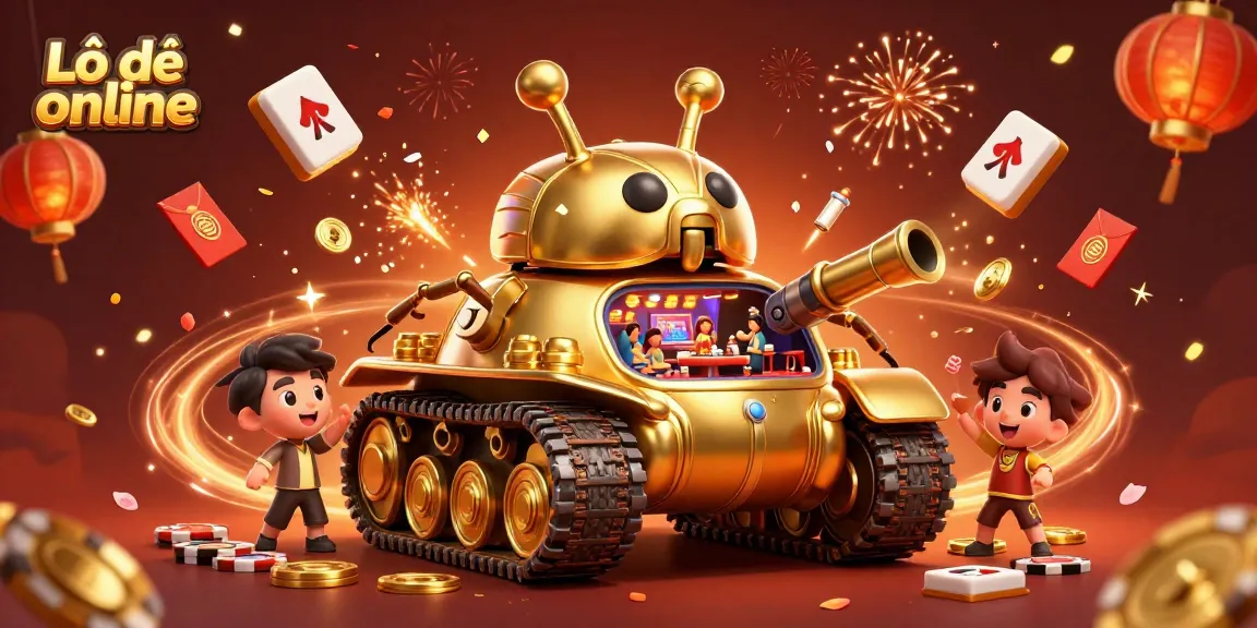 Engage with Lô đề online through this vibrant 3D casino illustration showcasing a golden beetle tank, lively game elements, and festive decorations.