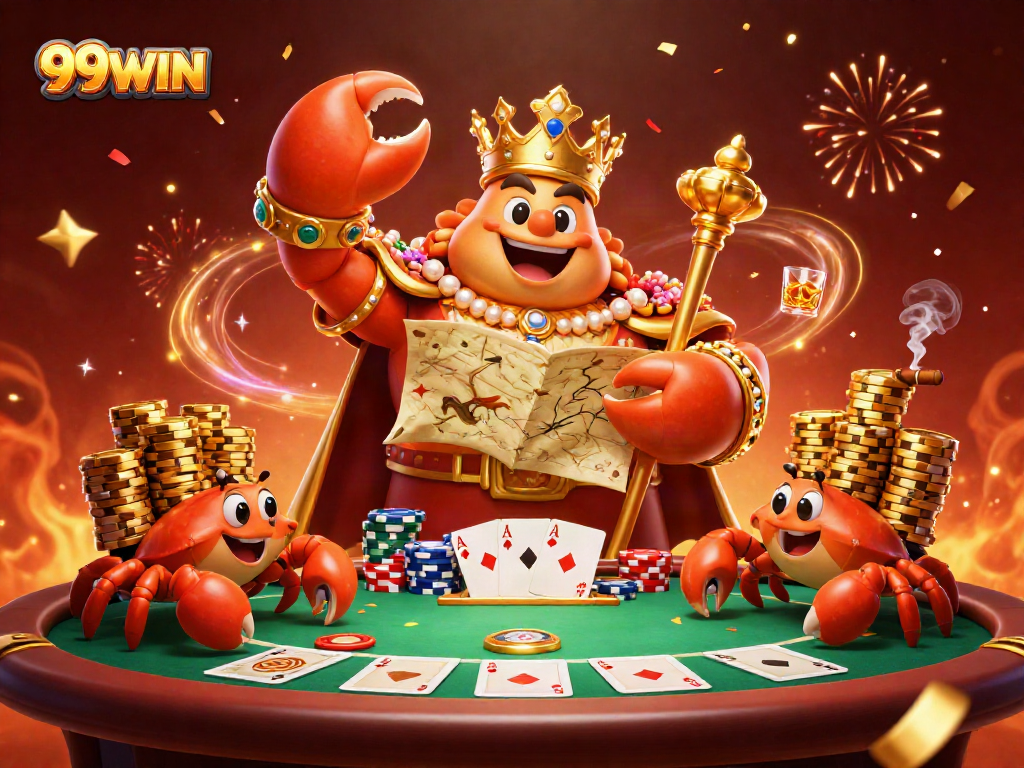 Engage with 99WIN's thrilling casino scene featuring a golden crab emperor overseeing a poker table.