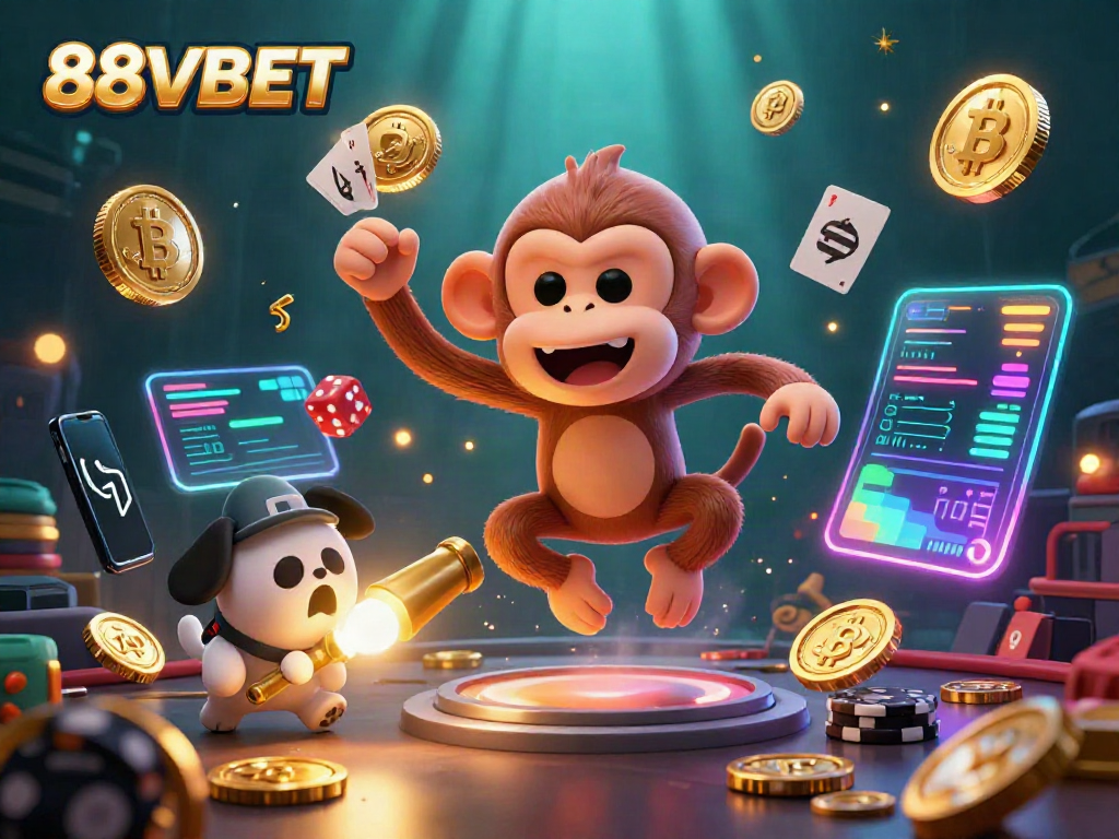 Experience the excitement of 88VBET with a playful scene showcasing a mischievous poltergeist monkey and a curious ghost-hunter puppy in an enchanted casino.