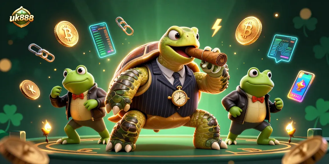 uk888 showcases a massive snapping turtle in a casino scene with crypto elements and vibrant visuals.