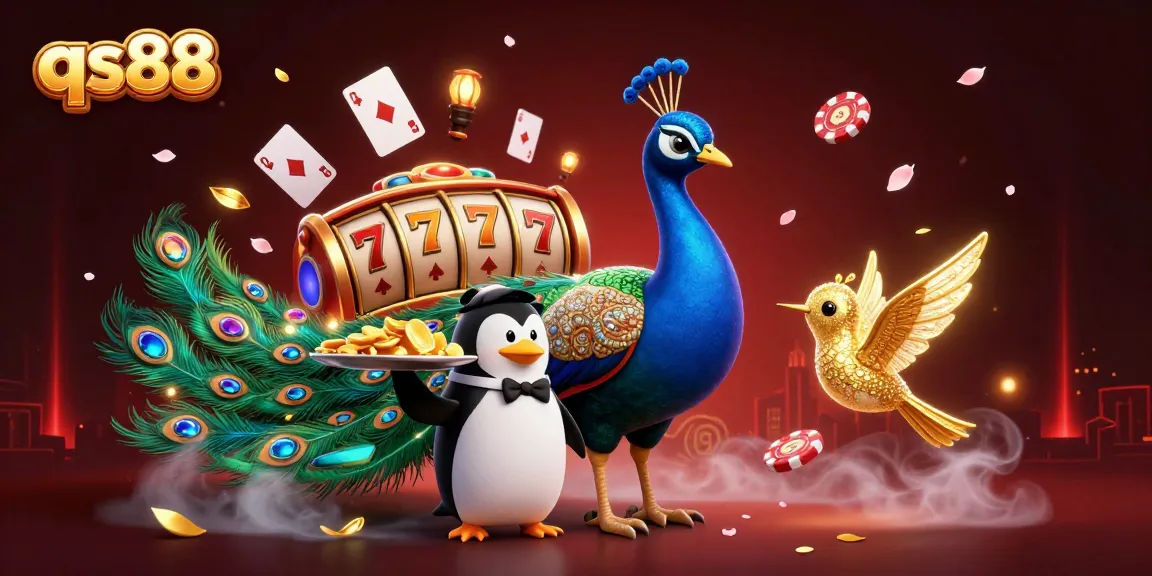 Engage with qs88's exciting gaming experience featuring an aristocratic peacock and vibrant gaming elements.