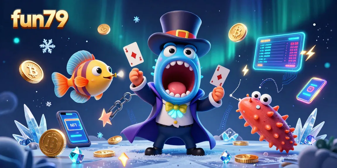 Experience fun79's magical atmosphere with a bioluminescent eel performing card tricks in a vibrant casino scene.