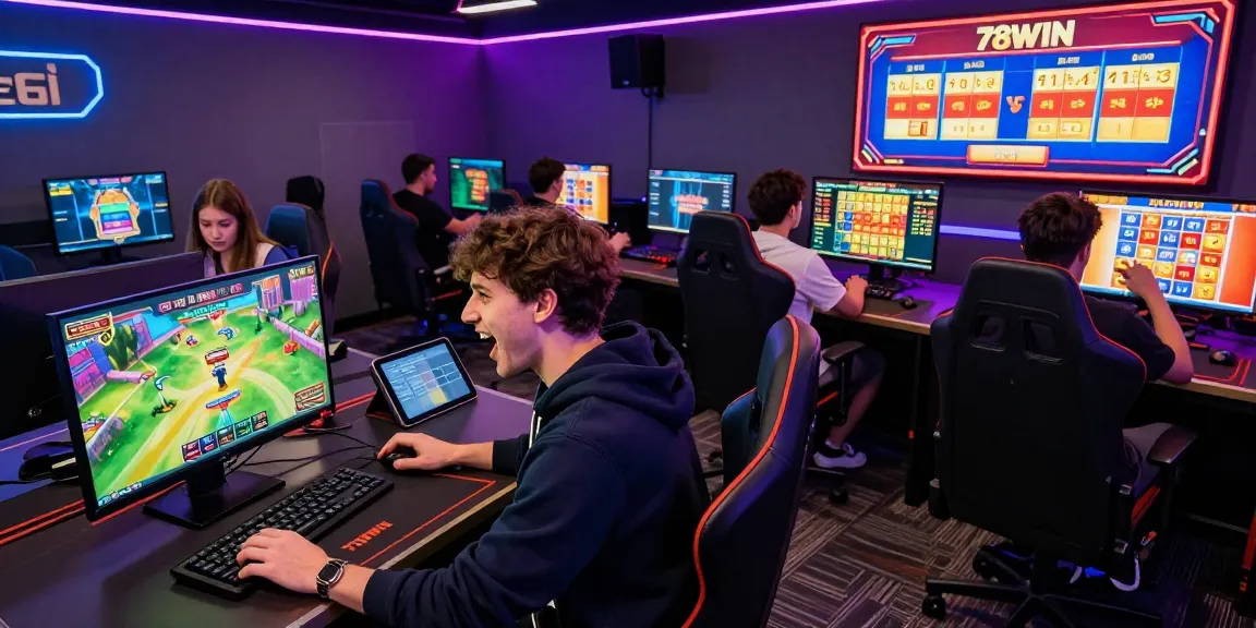 Players enjoying thrilling games at 78win's vibrant online gaming lounge.
