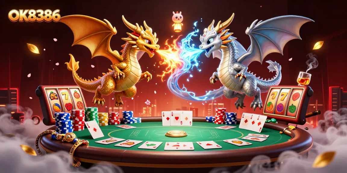 Engage with OK8386, a premium online casino showcasing thrilling gambling elements amidst dynamic dragons.