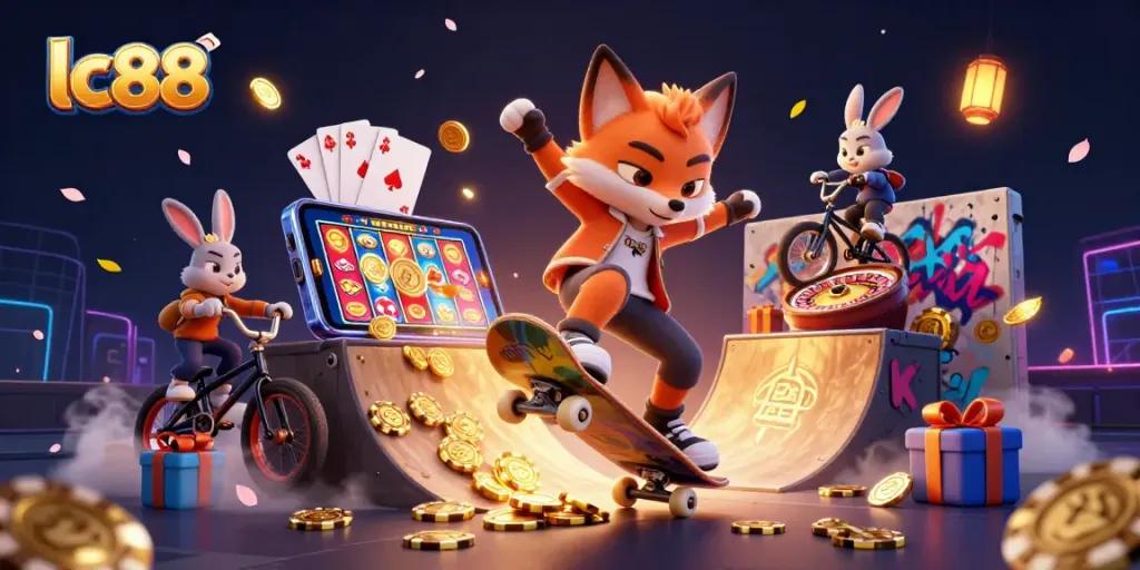 lc88 featuring a skateboarder fox performing tricks over golden poker chips in a vibrant casino scene