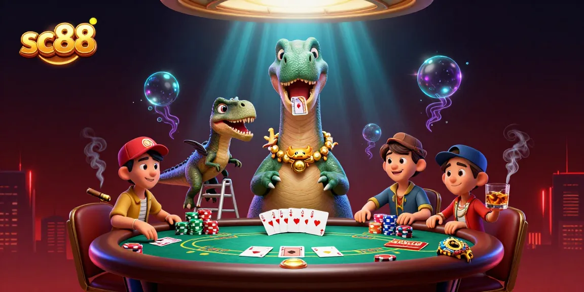 sc88 showcases a vibrant 3D casino scene with dynamic poker action and imaginative dinosaur elements