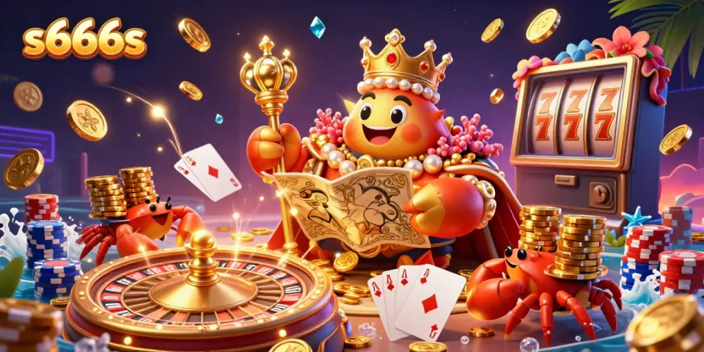Experience exciting gaming adventures at s666s featuring a golden crab emperor, vibrant casino elements, and dazzling treasures.