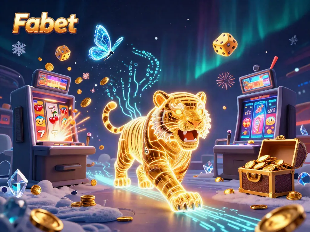 Fabet showcases a thrilling 3D casino scene with a golden tiger and slot machine bursting with excitement.