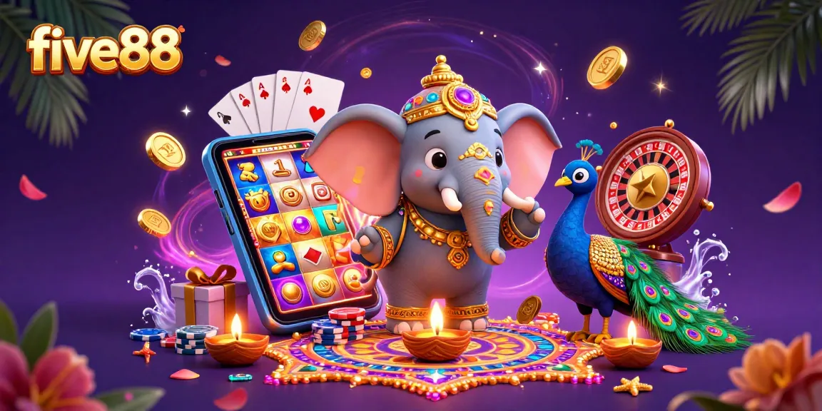 Experience exciting gameplay at five88 with a vibrant casino scene featuring spinning slot games and casino elements.
