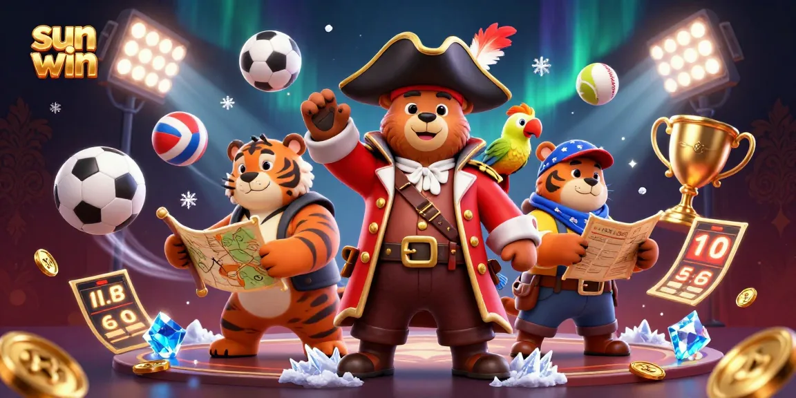 Join the excitement of sun win with a vibrant scene of a pirate captain bear and his crew amidst dynamic gaming elements.