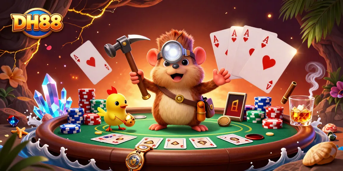 Experience high-stakes poker with DH88's vibrant 3D treasure hunter scene filled with gems.