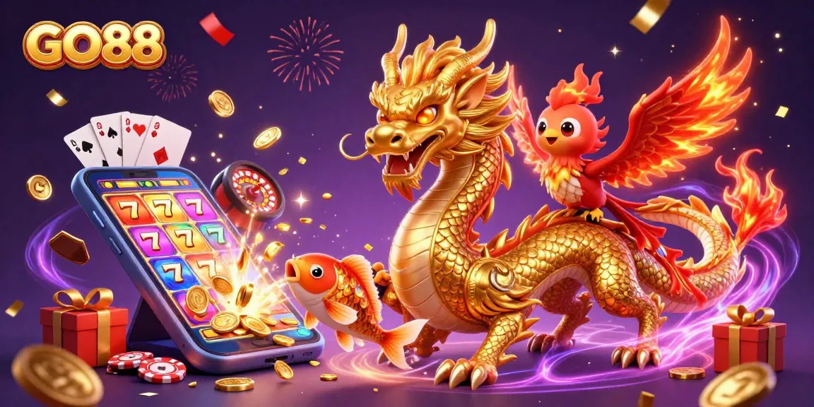 Engage with GO88's thrilling casino experience illustrated with vibrant slot games, dragon, and golden treasures.