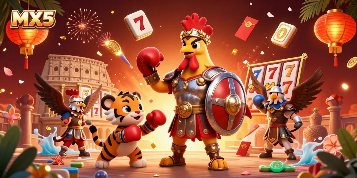 Experience thrilling slots at MX5 with a vibrant 3D scene featuring gladiator rooster action.