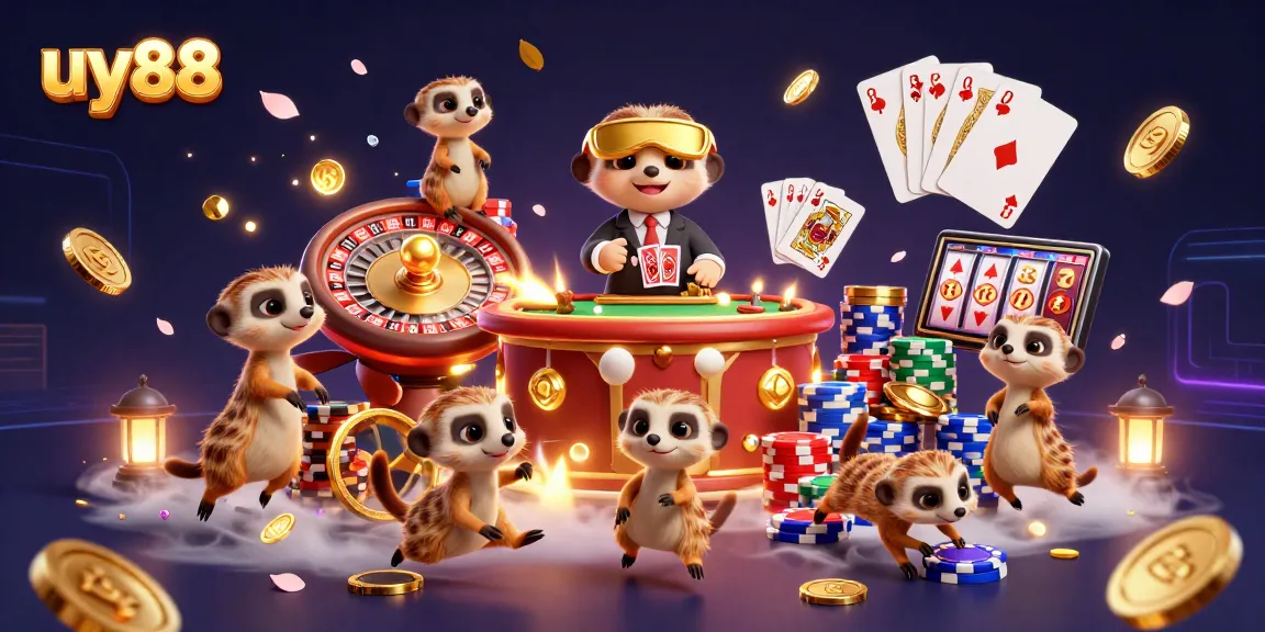 Experience excitement at uy88's casino scene with engaging meerkats, golden coins, and lively card games.